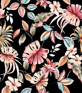 Seamless pattern of realistic rose flowers with tropical leaves. watercolor.. Stock Illustration