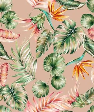 Seamless pattern of realistic rose flowers with tropical leaves. watercolor.. Stock Illustration