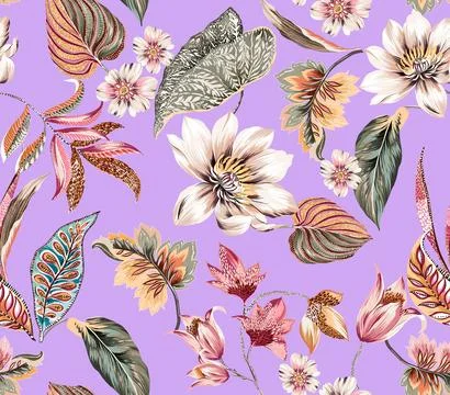 Seamless pattern of realistic rose flowers with tropical leaves. watercolor.. Illustration