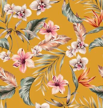 Seamless pattern of realistic rose flowers with tropical leaves. watercolor.. Stock Illustration