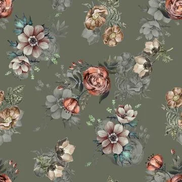 Seamless pattern of realistic rose flowers with tropical leaves. watercolor.. イラスト素材