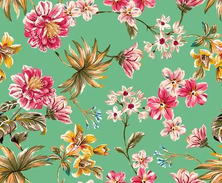 Seamless pattern of realistic rose flowers with tropical leaves. watercolor.. Stock Illustration