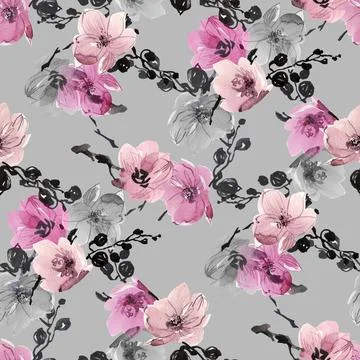 Seamless pattern of realistic rose flowers with tropical leaves. watercolor.. Stock Illustration