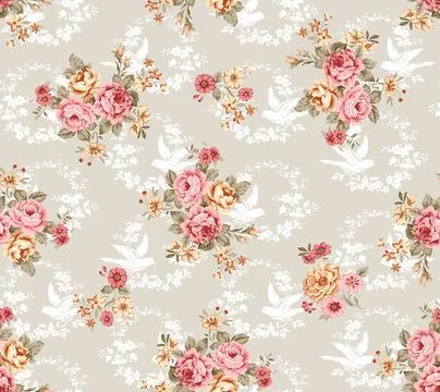 Seamless pattern of realistic rose flowers with tropical leaves. watercolor.. Stock Illustration