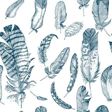Seamless pattern Realistic sketch of bird Feather on isolated background. Det Illustrazione stock