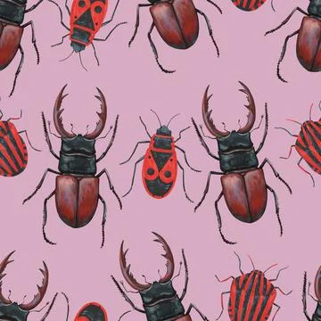 Seamless pattern with realistic stag beetles, lucanus cervus and red bugs 스톡 일러스트