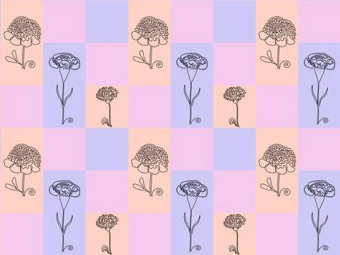 Seamless pattern of rectangles in pastel colors and peony, carnation, cornf.. Stock Illustration