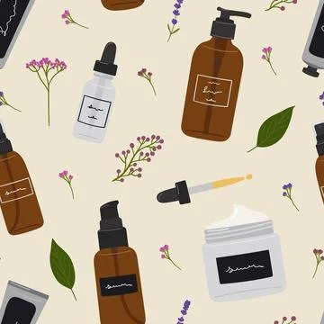 Seamless pattern of recyclable bottles, jars and tubes with organic cosmeti.. Stock Illustration