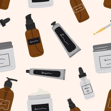 Seamless pattern of recyclable bottles, jars and tubes with organic cosmeti.. Stock Illustration