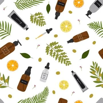 Seamless pattern of recyclable bottles, jars and tubes with organic cosmeti.. Stock Illustration