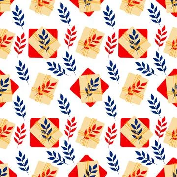 Seamless pattern with red and beige gift boxes and leaves. Cute holiday print Stock Illustration