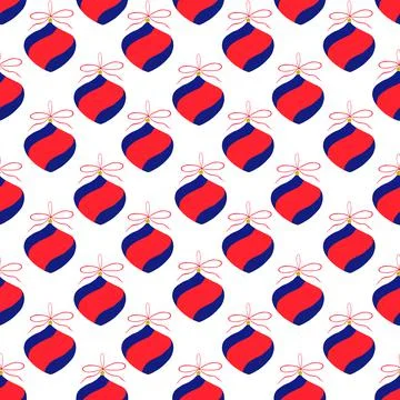 Seamless pattern with red and blue Christmas tree toys on a white background. Stock Illustration