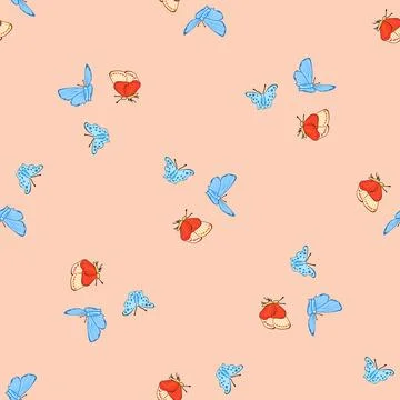 Seamless pattern. Red and blue butterflies on a peach background. Vector Stock Illustration