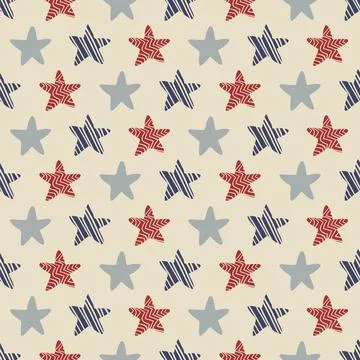Seamless pattern red and blue stars on beige background 库存插图
