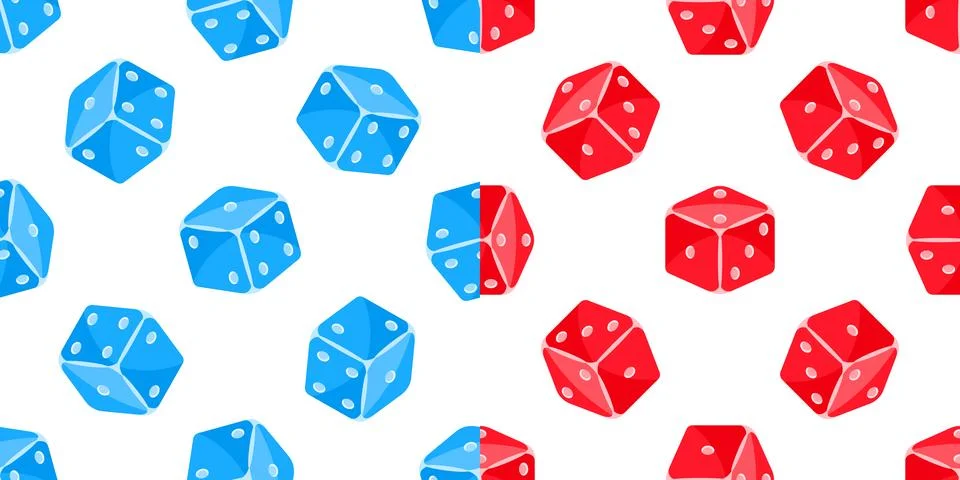 Seamless pattern with red and blue dice rotating on white background 스톡 일러스트