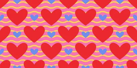 Seamless pattern with red and blue hearts and wavy yellow lines on a pink Stock Illustration