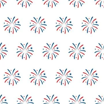 Seamless pattern of red and blue fireworks. Bursts with scattered dots on a Stock Illustration