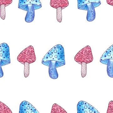 Seamless pattern of red and blue mushrooms isolated on white, hand drawn Stock Illustration
