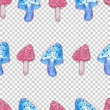 Seamless pattern of red and blue mushrooms isolated on white, hand drawn Stock Illustration