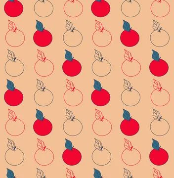 Seamless pattern of red and contour apples. Fruit pattern on an orange Stock Illustration