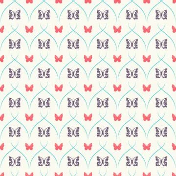 Seamless pattern with red and dark butterflies and turquoise curves stripes. Stock Illustration