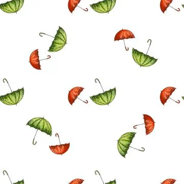 Seamless pattern with red and green hand drawn umbrellas. Autumn accessories  Stock Illustration