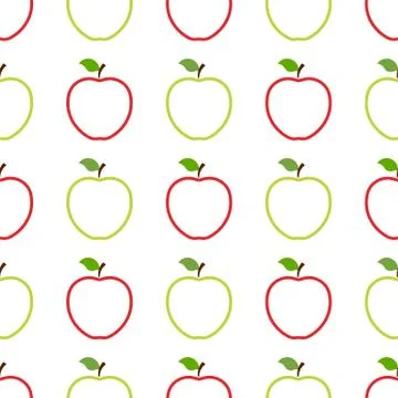 Seamless pattern with red and green whole apples on white background. Organic Stock Illustration