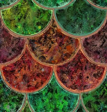 Seamless pattern. Red and green ceramic tiles. Picturesque texture. Stock Illustration