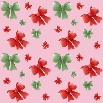Seamless pattern with red and green bow ribbon textile sewing print. Neutral Stock Illustration