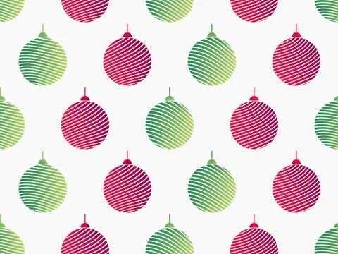 Seamless pattern with red and green striped Christmas balls on a white back.. Stock Illustration