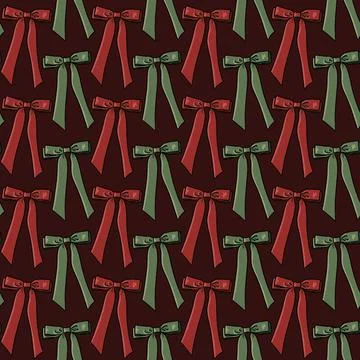 Seamless pattern with red and green bows,ribbons on a dark red background Stock Illustration