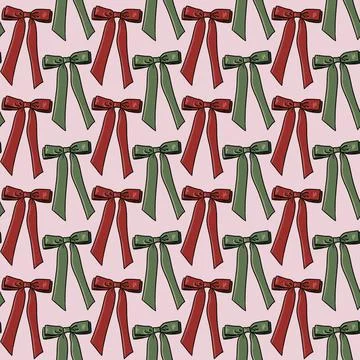 Seamless pattern with red and green bows,ribbons on light pink background Stock Illustration