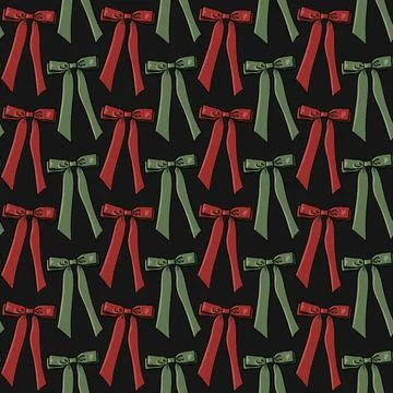 Seamless pattern with red and green bows,ribbons on dark black background Stock Illustration