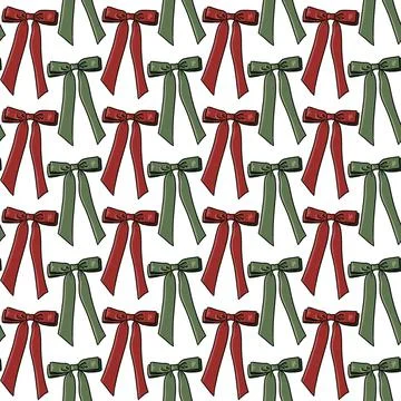 Seamless pattern with red and green bows,ribbons on a white background Stock Illustration