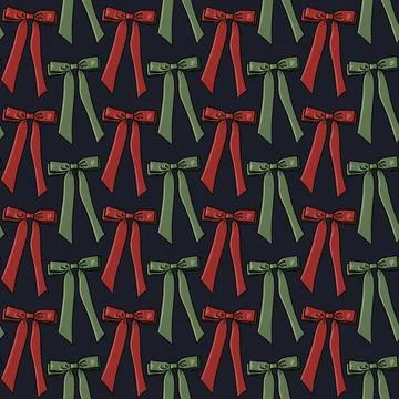 Seamless pattern with red and green bows,ribbons on dark blue background Stock Illustration