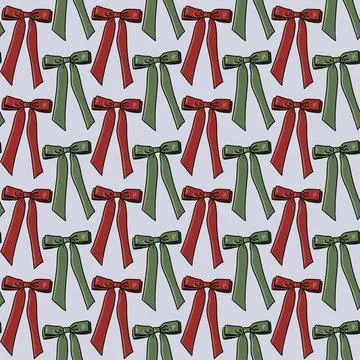 Seamless pattern with red and green bows,ribbons on light blue background Stock Illustration