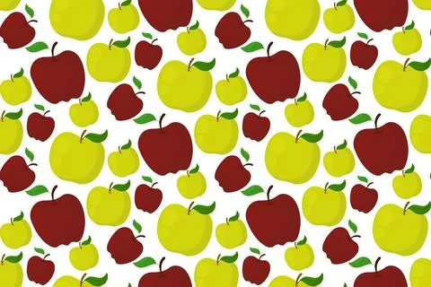 Seamless pattern with red and green apples on white background, vector frui.. Illustrazione stock