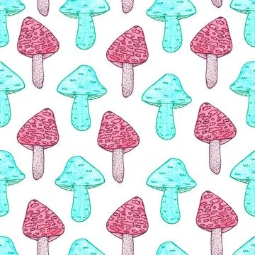 Seamless pattern of red and green mushrooms isolated on white, hand drawn Stock Illustration
