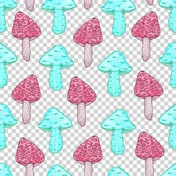 Seamless pattern of red and green mushrooms isolated on white, hand drawn Stock Illustration
