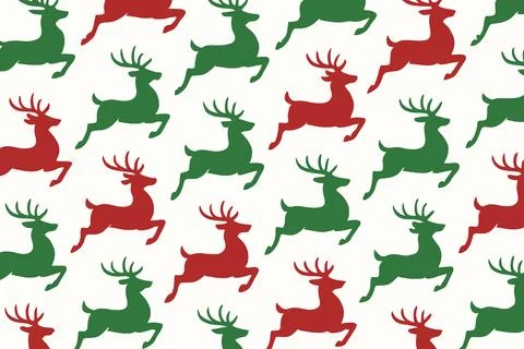 Seamless Pattern of Red and Green Leaping Reindeer Silhouettes Stock Illustration