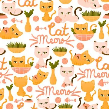 Seamless pattern with red and light beige cat in differenet poses with fish o Stock Illustration