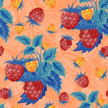 Seamless pattern with red and orange raspberries with blue leaves on pastel 스톡 일러스트