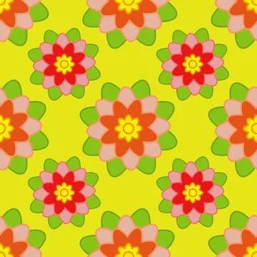 Seamless pattern of red and orange flowers with green leaves on a yellow back Stock Illustration