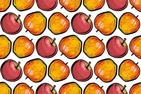 Seamless pattern. Red and orange apples on a white background. Dense polka dot Stock Illustration