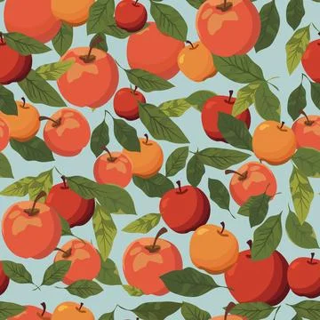 Seamless pattern with red and orange apples and green leaves on light blue .. 스톡 일러스트