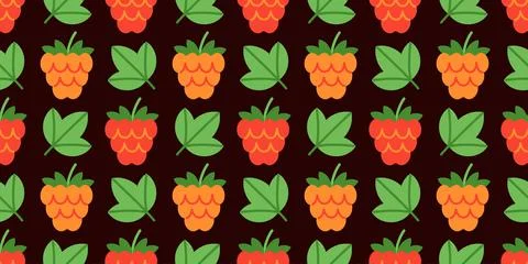 Seamless pattern with red and orange raspberries with green leaves イラスト素材