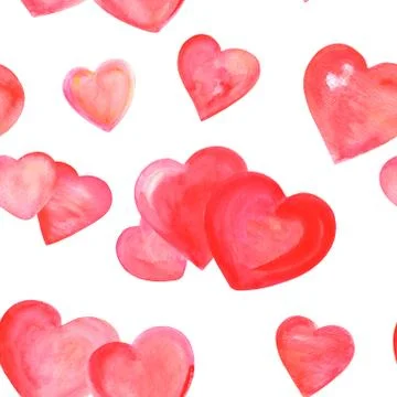 Seamless pattern of red and pink watercolor hearts on white, Valentine day 库存插图