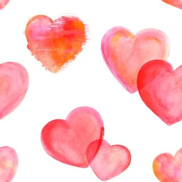 Seamless pattern of red and pink watercolor hearts on a white background 库存插图