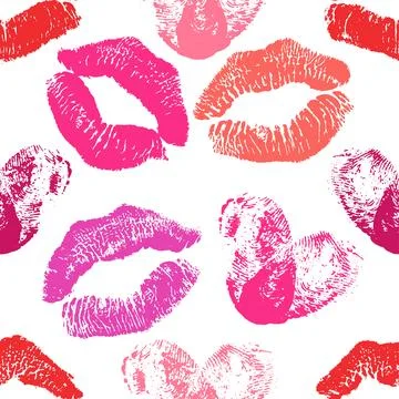Seamless pattern of red and pink fingerprint hearts and lipstick marks. Stock Illustration