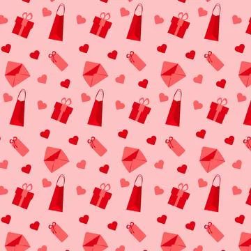 Seamless pattern with red and pink gift boxes and hearts on pink background Stock Illustration